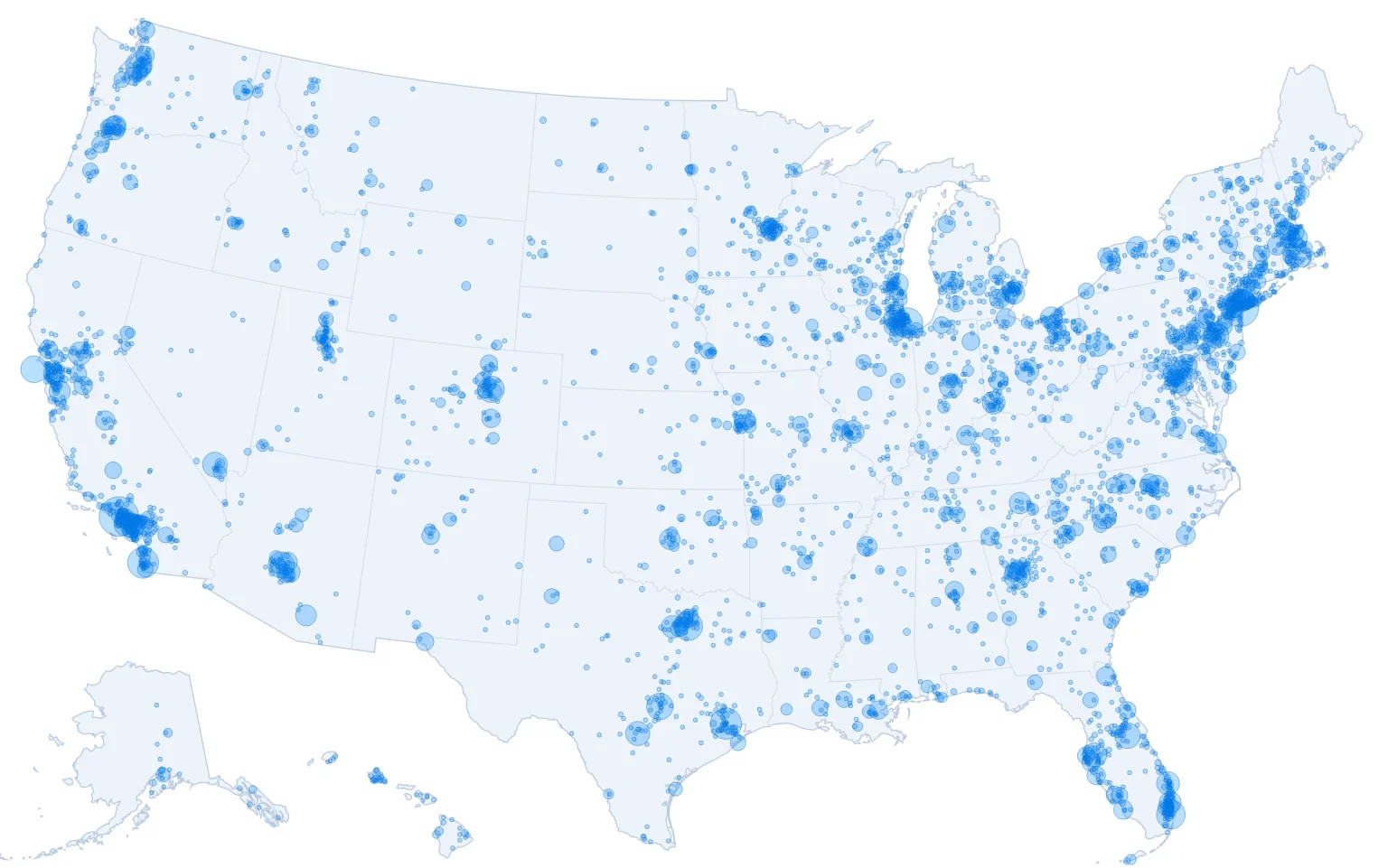 Map of the United States with a circle for every city where BuyersConnect delivered messages; bigger circles mean more businesses.